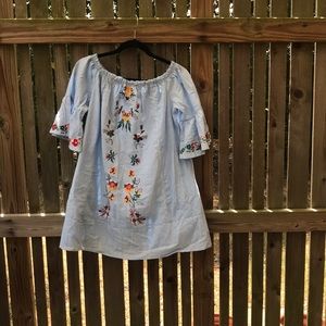 Blue Off The Shoulder Dress with Floral Print